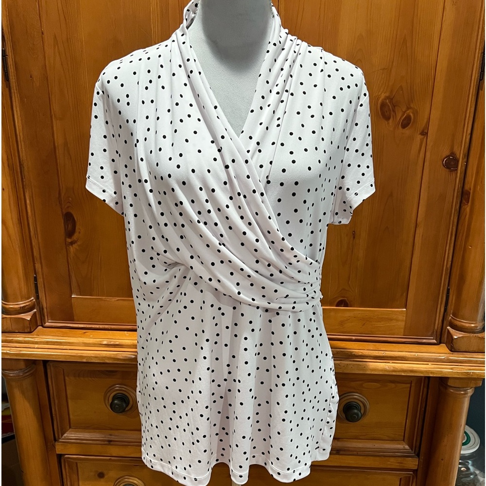 DKNY White with Black Polka Dots Faux Wrap Shirt, SZ XL